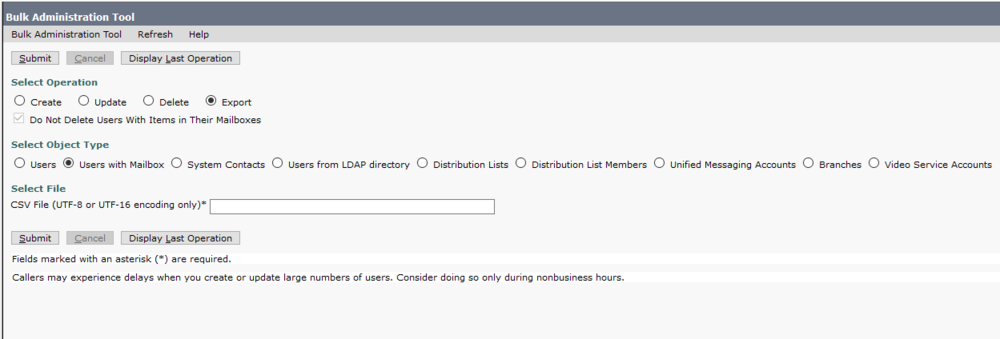 The Export to CSV page on Cisco Unity.