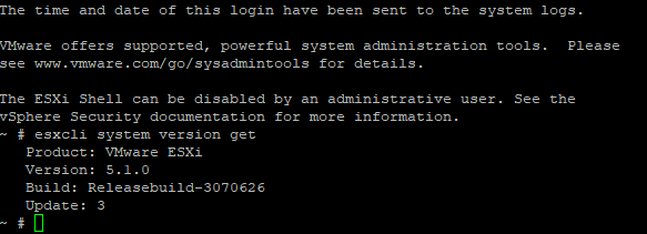 The view after SSHing into an ESXi Host. In this picture we check the version of ESXi running on the system.