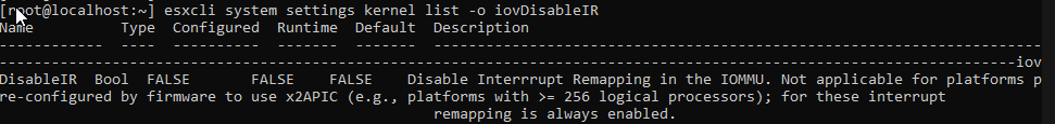 Command output for current status of Interrupt Remapping.