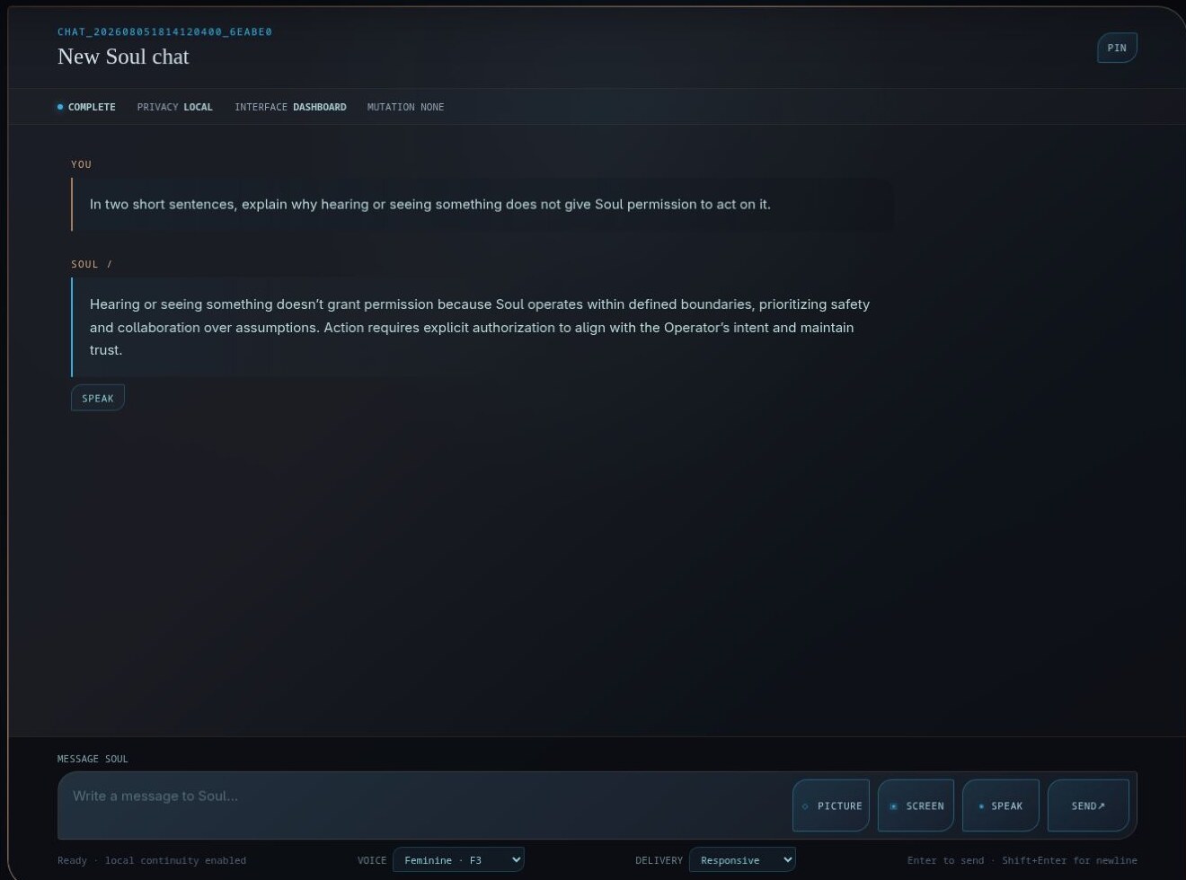 Soul Slash Chat response with a Speak button, Picture, Screen, and push-to-talk controls, plus local voice and delivery selectors