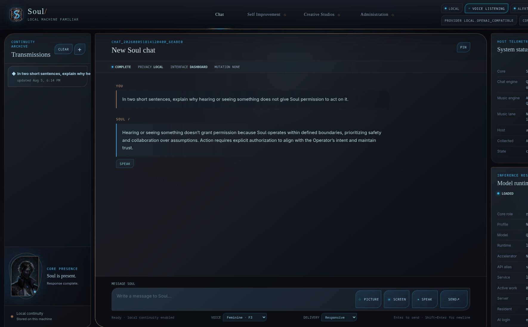 Soul Slash Chat with Voice Presence visibly listening, the Soul portrait present, and local voice controls available