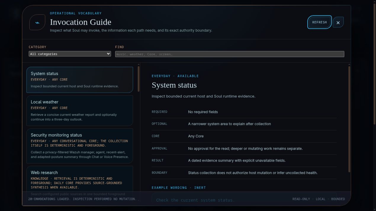 Soul Slash Invocation Guide showing the supported workflow catalog and the required inputs, Core, approval, result, boundary, and inert example for System status