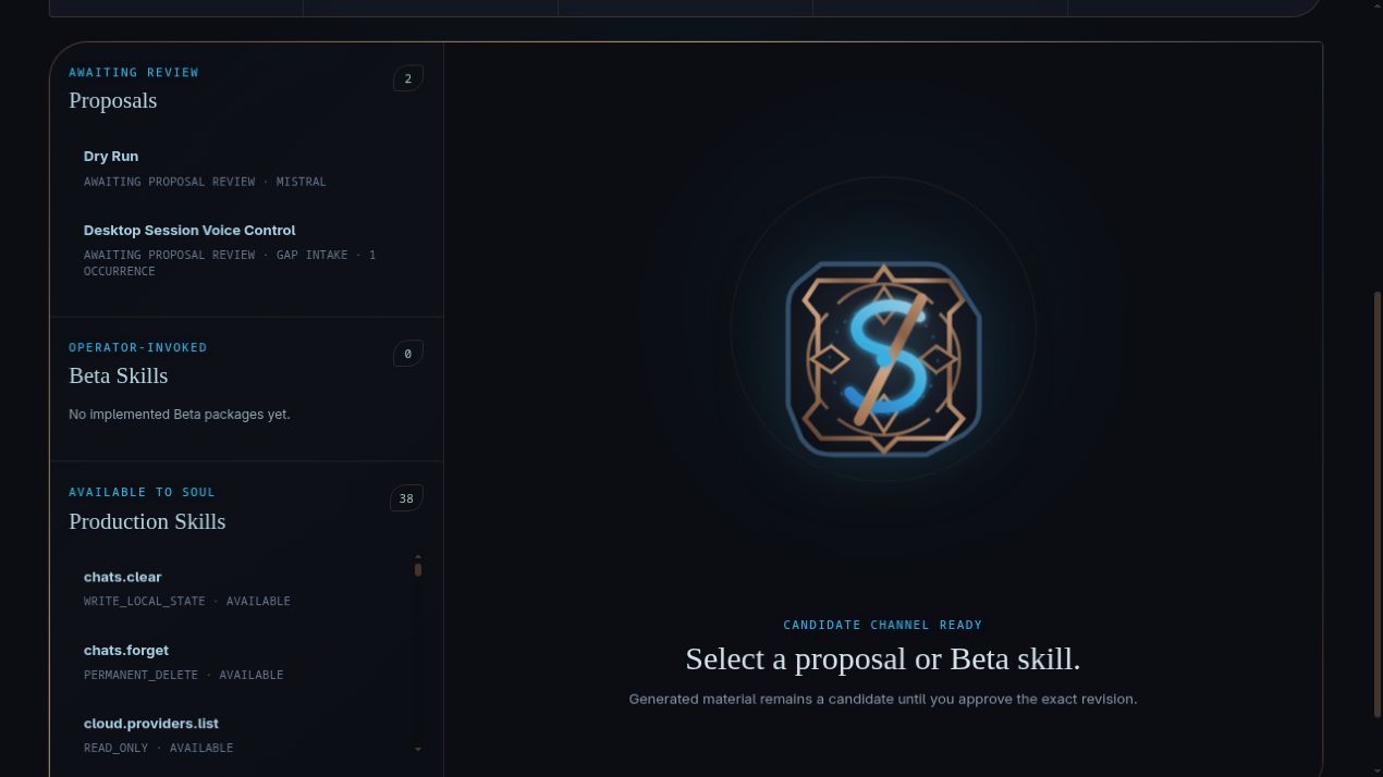 Soul Slash Skill Studio inventory showing two proposals, no implemented Beta packages, and 38 available production skills