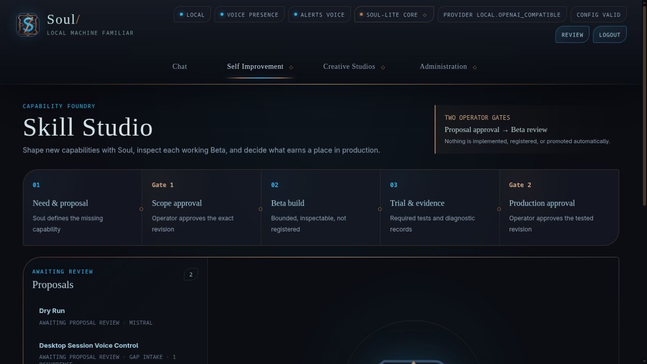 Soul Slash Skill Studio showing the need and proposal, scope approval, Beta build, trial and evidence, and production approval stages