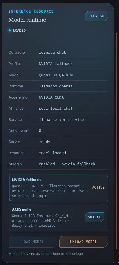Soul Slash model runtime panel showing the active NVIDIA Qwen fallback and available AMD Gemma profile