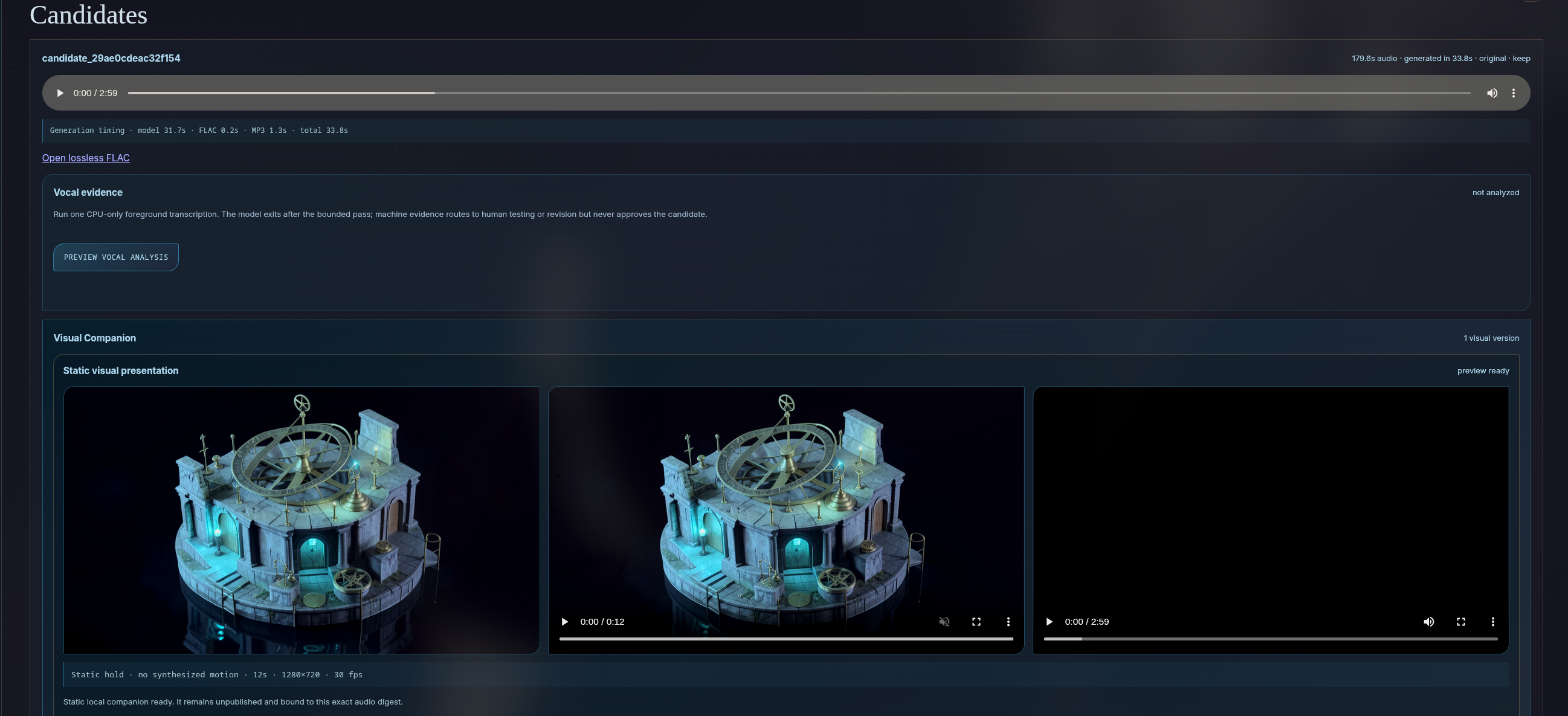 Soul Slash Music Studio candidate showing audio playback, vocal evidence, and a reviewed static visual companion