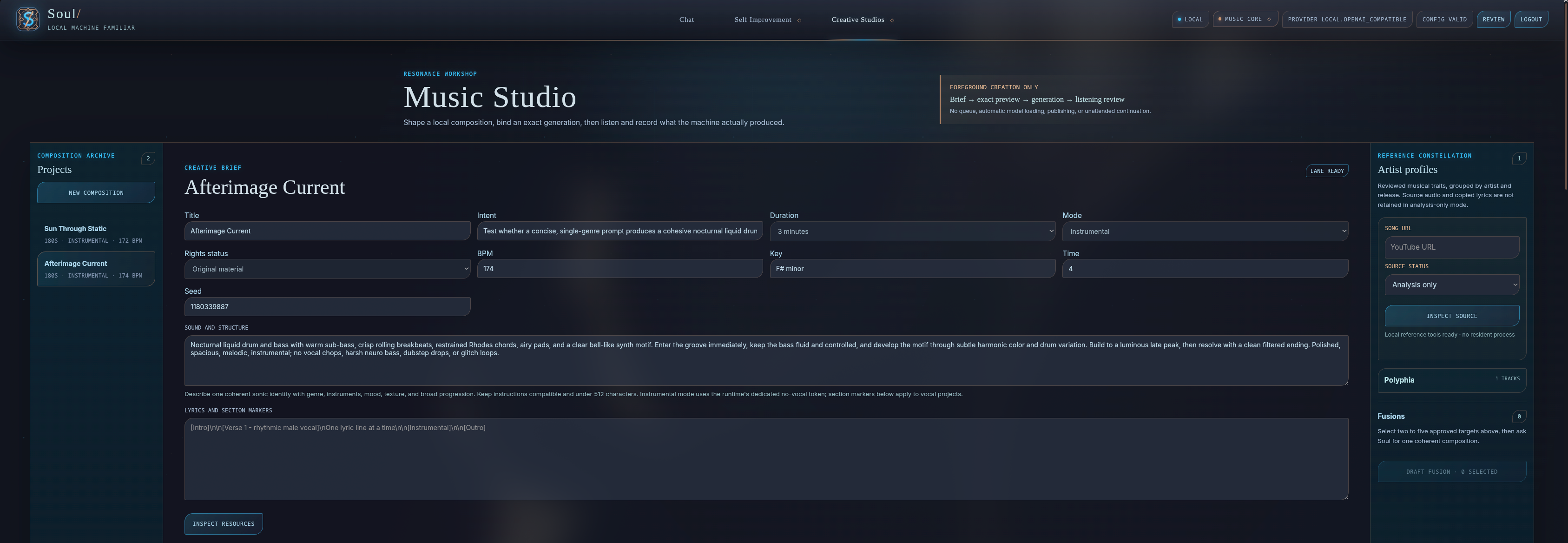 Soul Slash Music Studio showing the Afterimage Current creative brief, project archive, and reference controls