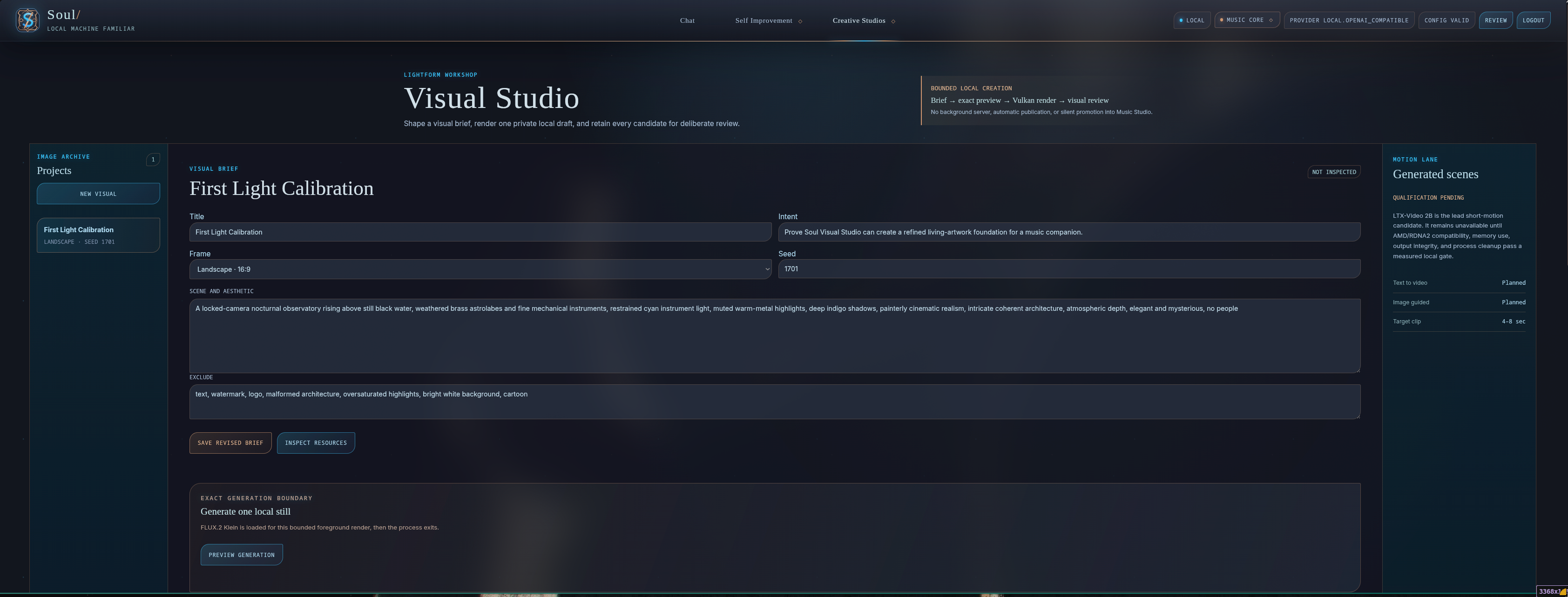 Soul Slash Visual Studio showing the First Light Calibration brief and bounded local generation controls