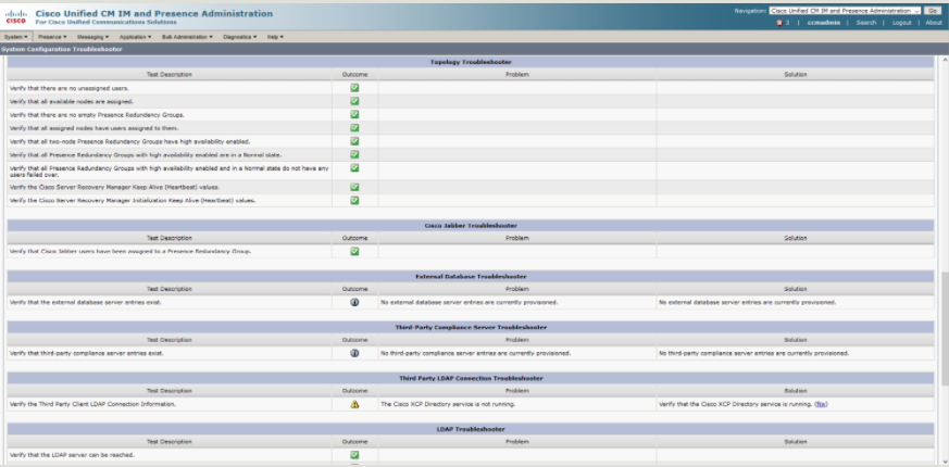 Additional Troubleshooters and tests for Topology, Jabber, Ext DB, 3PC and LDAP Connection.