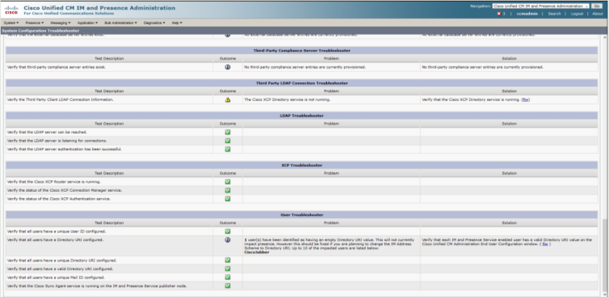 Final set of troubleshooting tests for LDAP, XCP, and Users.