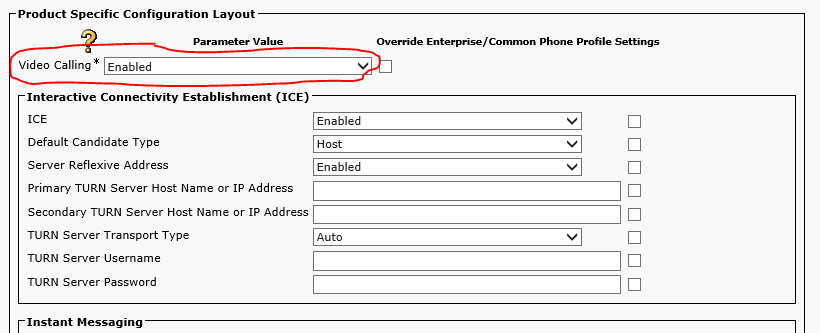 Product Specific Configuration Layout element depicting whether Video Calling is Enabled or Disabled - CUCM Device > Phone